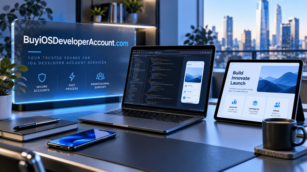 iOS app publishing workspace with laptop and mobile devices featuring BuyiOSDeveloperAccount.com branding