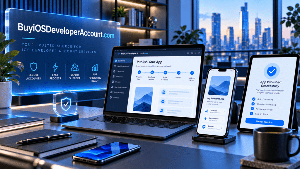 Buy iOS Developer Account – BuyiOSDeveloperAccount.com developer workspace with laptop and smartphone