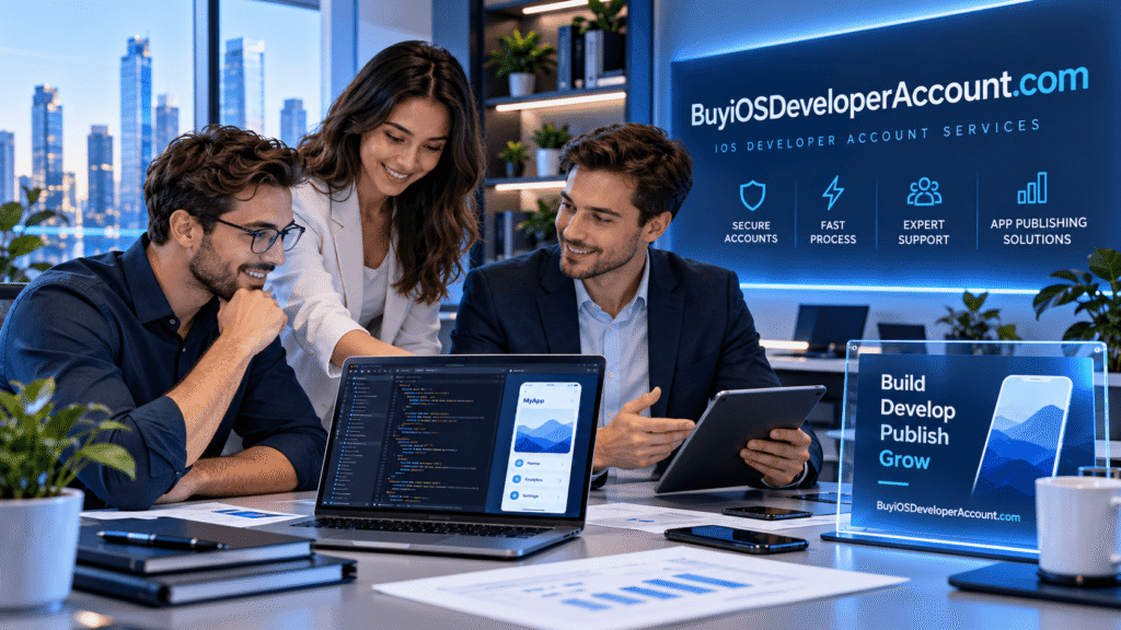 Development team discussing iOS app publishing with BuyiOSDeveloperAccount.com branding in modern office
