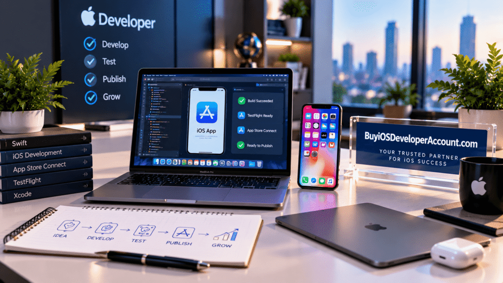 Modern laptop and smartphone in a developer workspace with BuyiOSDeveloperAccount.com branding