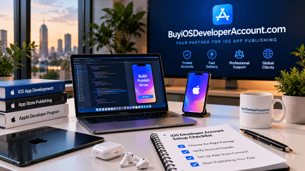 Laptop and smartphone beside an Apple Developer enrollment checklist with BuyiOSDeveloperAccount.com branding