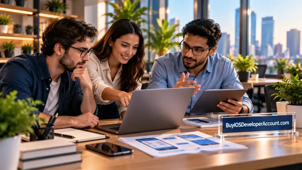 Three developers discussing an app project with BuyiOSDeveloperAccount.com branding