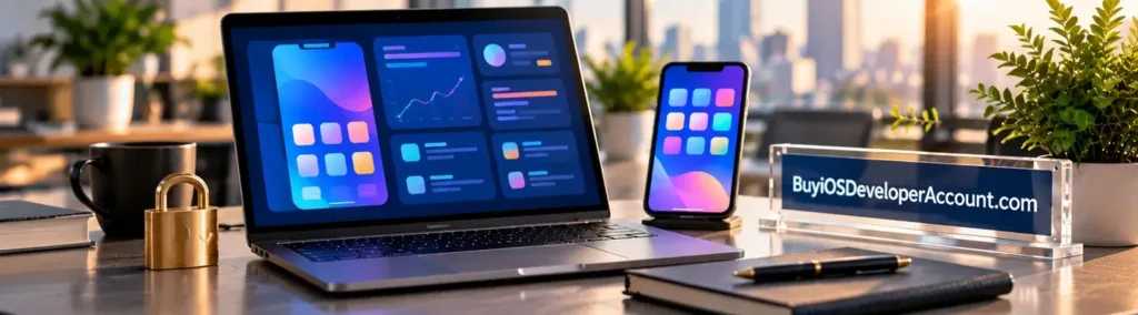 Developer workspace with smartphone and BuyiOSDeveloperAccount.com branding